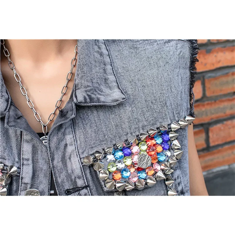 

Vintage Mesh Stitching Denim Vest Women Rivet Beaded Diamonds Cowboy Waistcoat Slim Frayed Sleeveless Gray Jeans Jacket Female