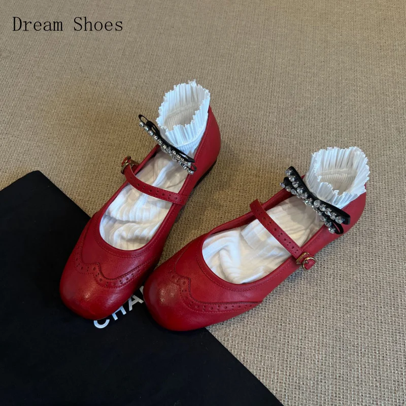 

French Vingate Flat Red Leather Shoes For Autumn And Winter, Elegant Square Toe Mary Jane Shoes For Women