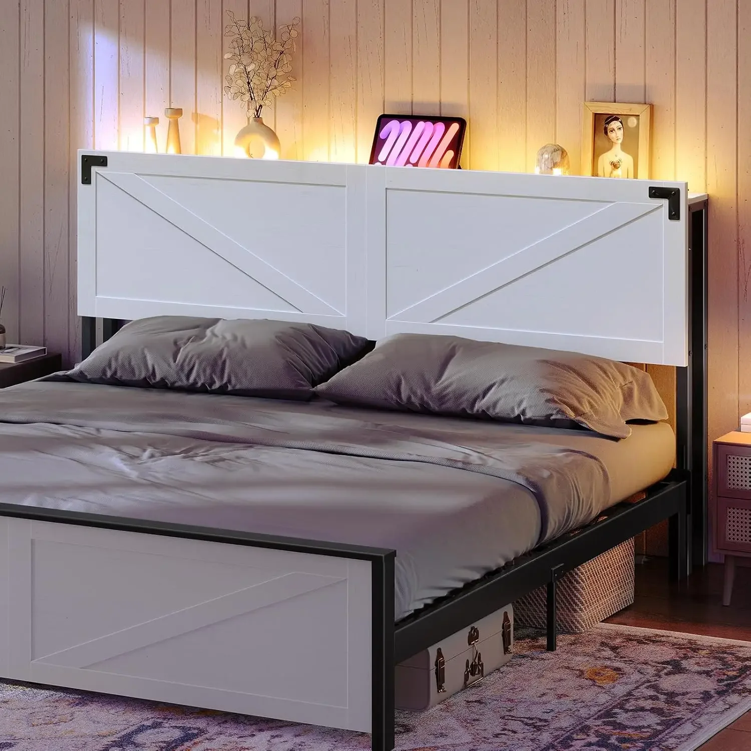 Size Headboard, Headboard with 2 Outlets and 4 USB Ports, Farmhouse Headboard, with LED Lights, Secure Storage with Raised