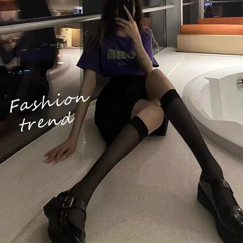 

Бархатные чулки в черно-белую полоску, женские носки на высоком каблуке, тонкие и дышащие однотонные длинные носки