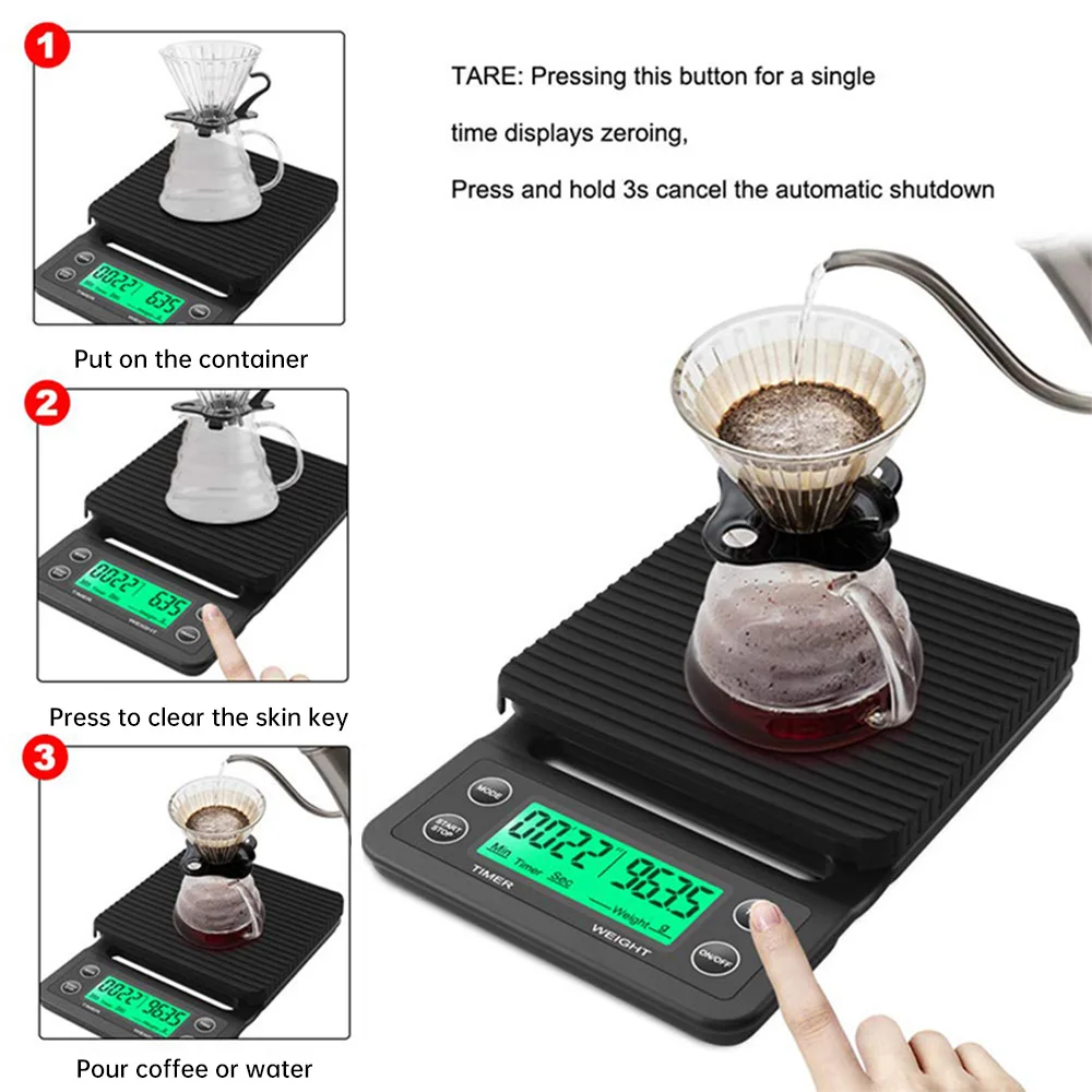 Bilancia per caffè di precisione nera da 1 pz bilancia elettronica LCD da 3kg/0.1g con Timer bilancia da cucina digitale ad alta precisione