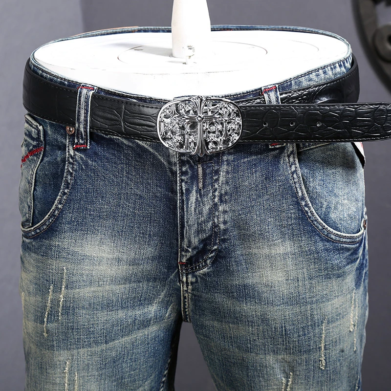 Denim Shorts for Men2024Summer New Thin-Style Blue Retro Nostalgic Straight Slim Fit Fashion Haulage Motor Fifth Pants