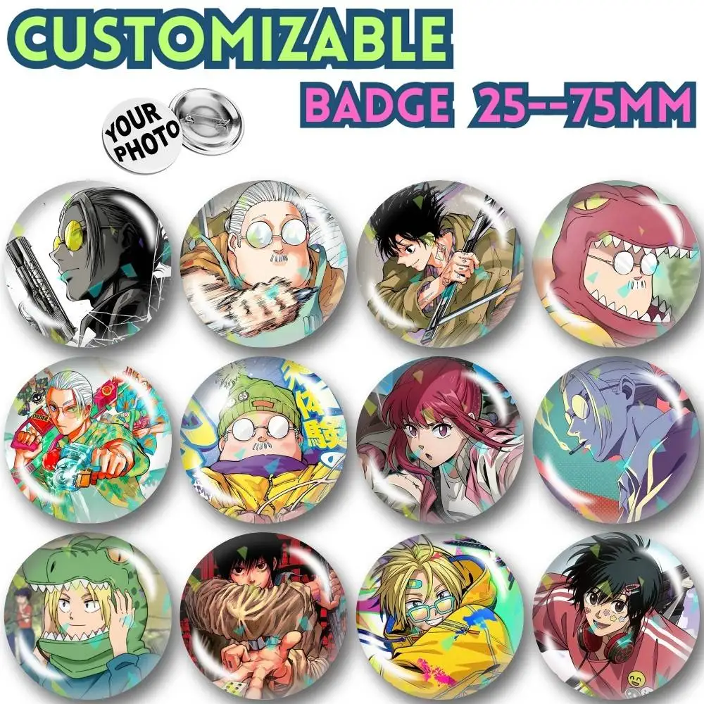 Shin S-Sakamoto Days Anime Customizable Round Brooch Pins, Personalized Badges With Broken Glass Design Fashion Accessory