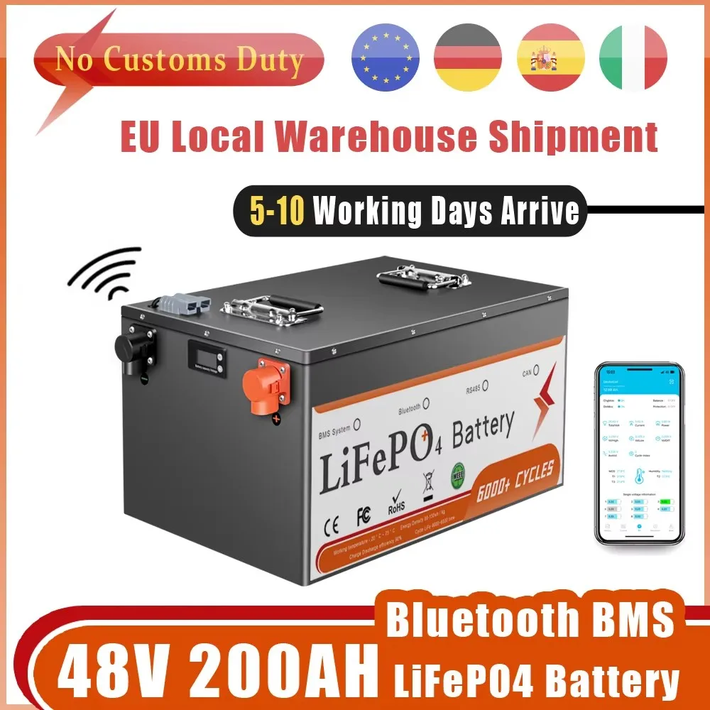 Image of 48V 50Ah 100Ah 200Ah LiFePO4 Batteriepack 51,2V Bluetooth BMS Solar-Haushaltsstromspeicher Golfcart-Wechselrichter Wohnmobil Boot Steuerfrei