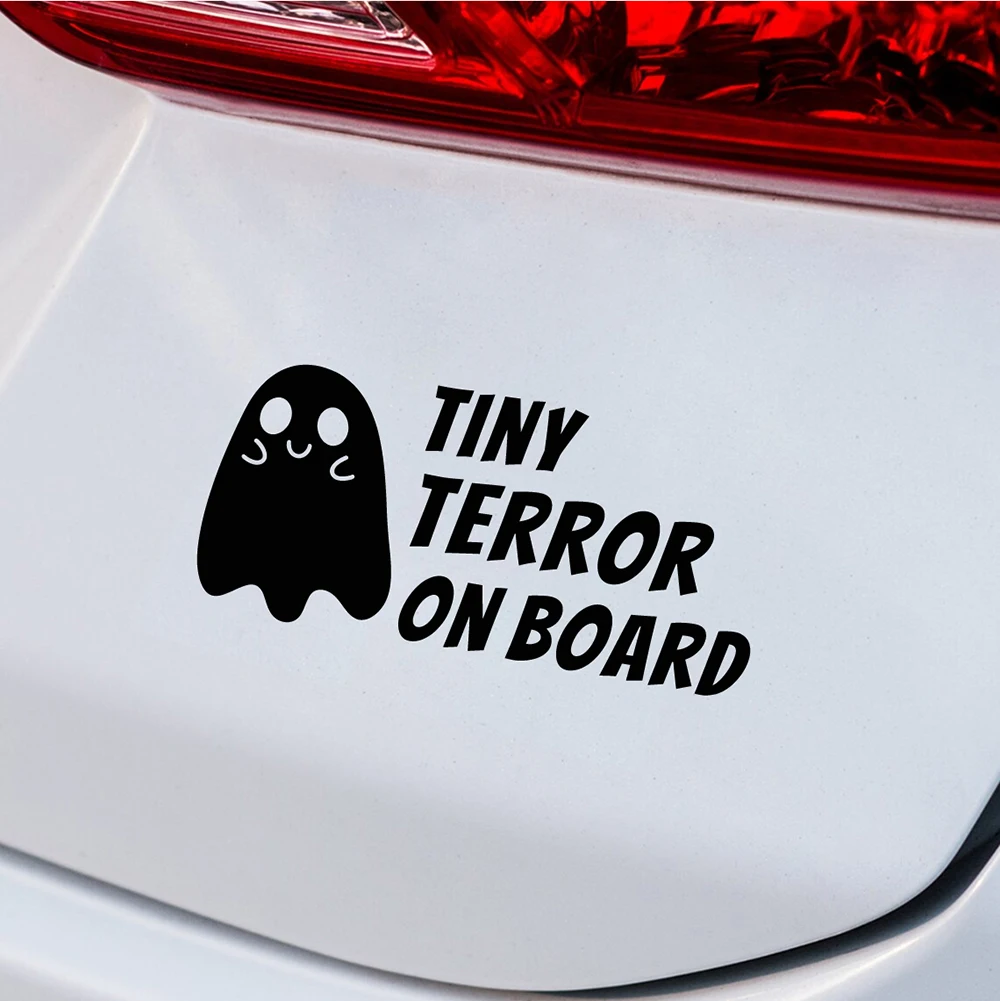Tiny Terror on Board Car Stickers Halloween Vinyl Art Decals Funny Ghost Baby on Board Sticker for SUV, Van, Car Window Decor