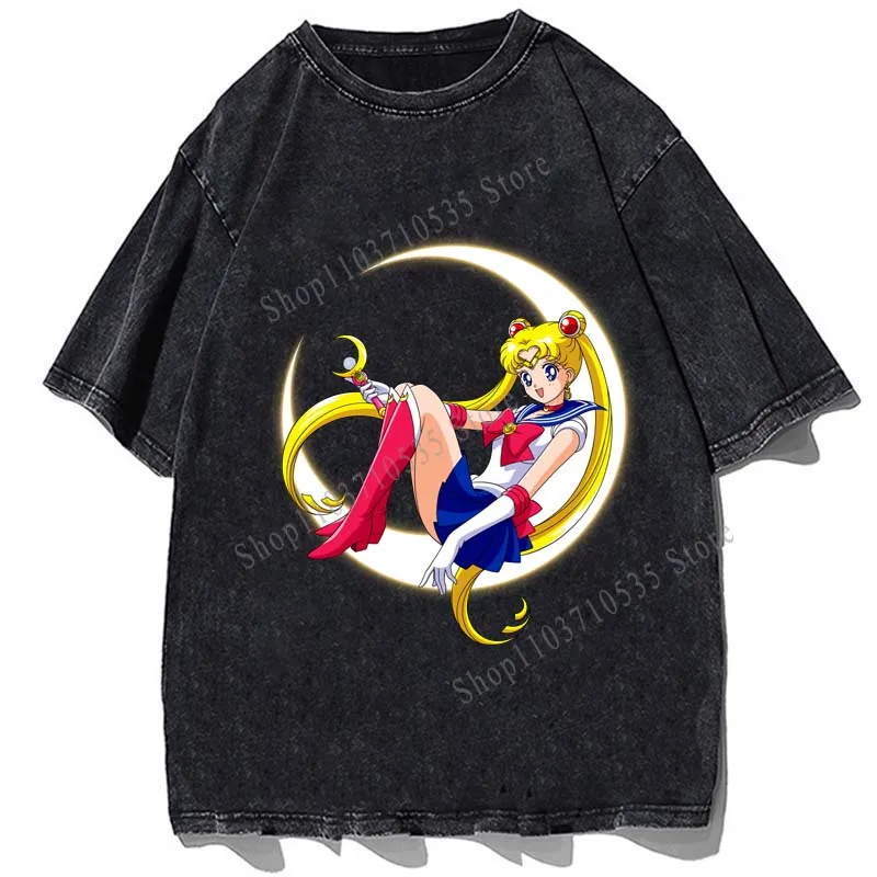 Anime Sailor-Moon Graphic Printed Tshirt Summer Short Sleeve Loose Oversized T-shirt Vintage Cotton Men Casual Streetwear Tees