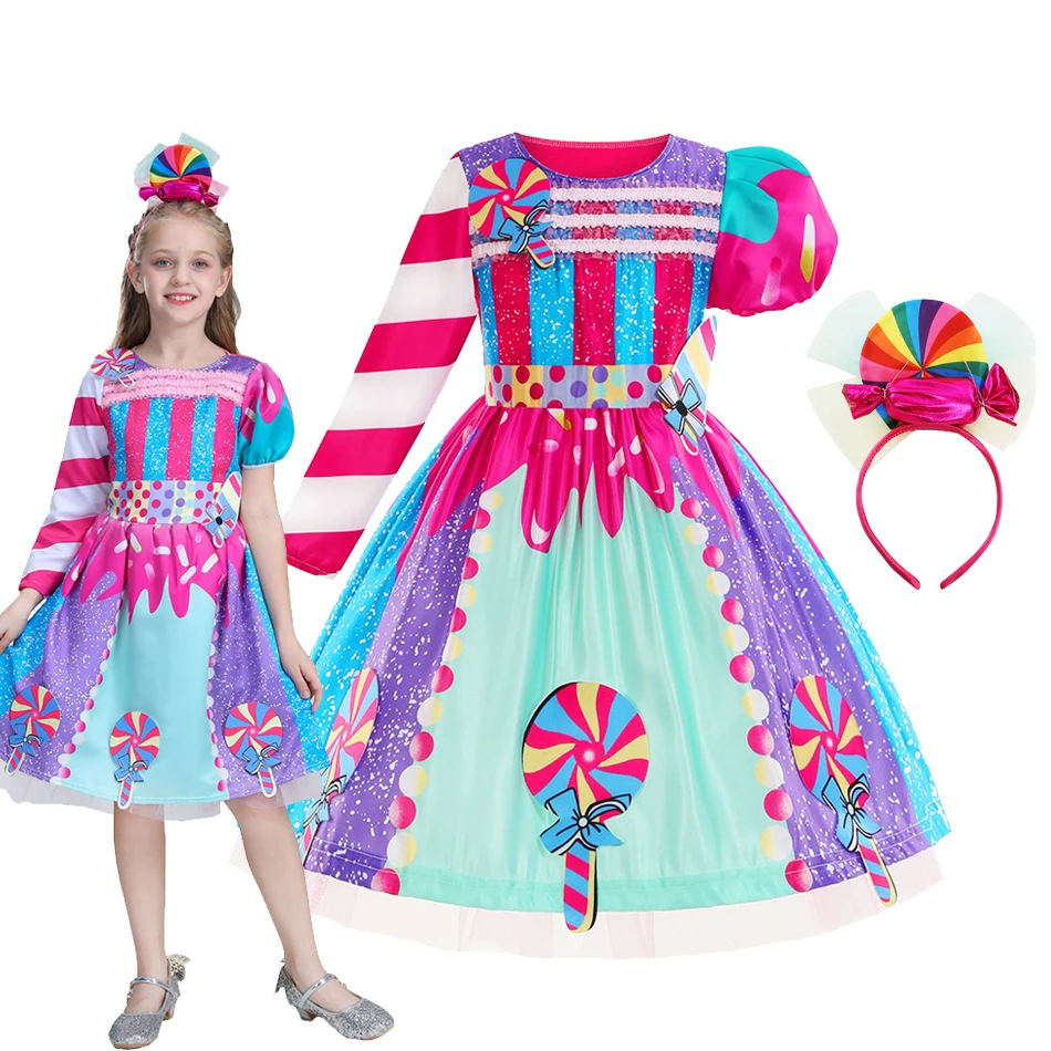 Girls Candy Dress For Halloween Children Colorful Lollipop Printing Gowns Girl Birthday Party Fancy Clothing Christmas Gift