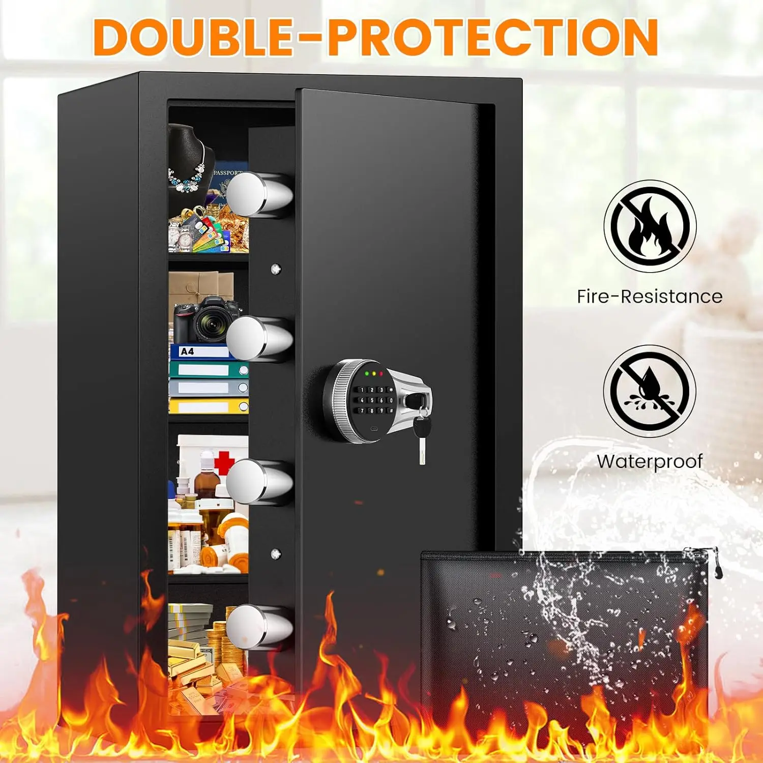 7.0 Cuft Large Fireproof Safe Box, Home Safes Water and Fireproof, Security Box with Digital Keypad, 3 Removable Shelves, Smart