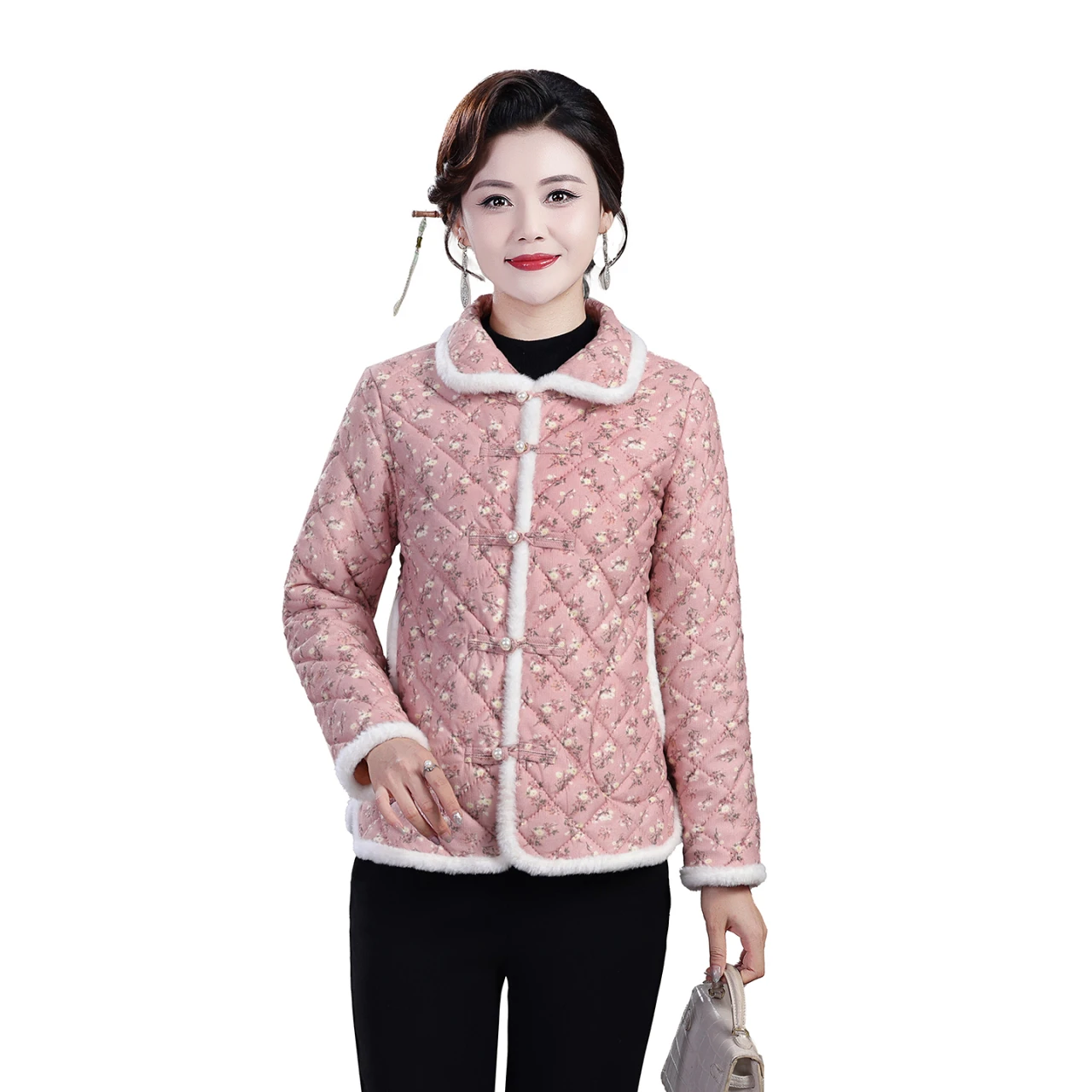

Женская флисовая куртка среднего и пожилого возраста для женщин, хлопковое пальто с цветочным принтом, зимняя верхняя одежда в стиле ретро
