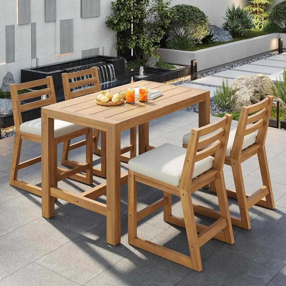 

5-Piece Acacia Wood Outdoor Bar Set with Cushions for Patio, Balcony, or Backyard
