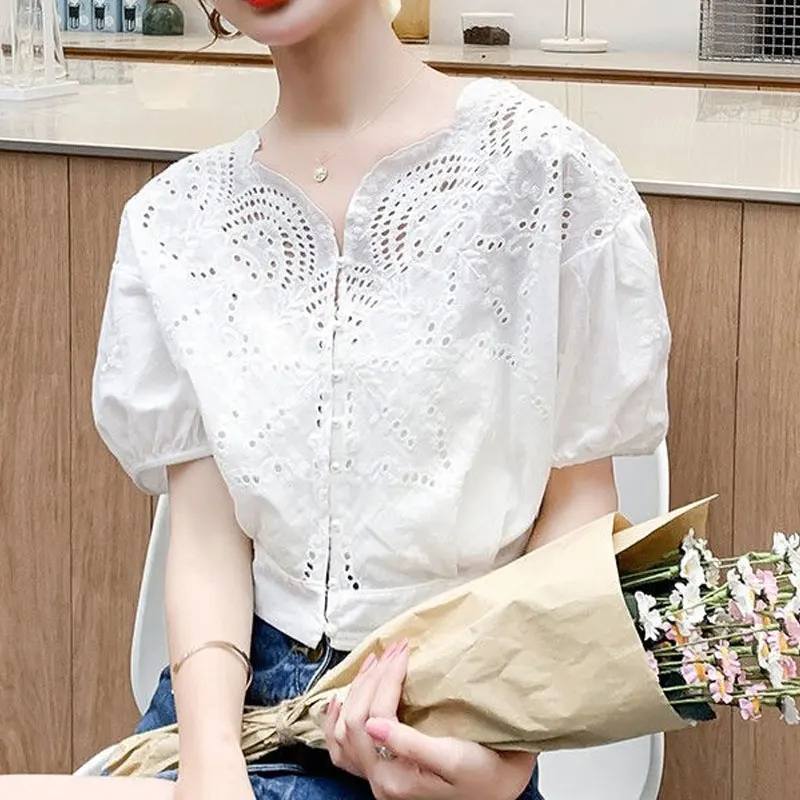 Women\'s Clothing Commute Single-breasted Shirt Solid Color All-match Elegant V-Neck Stylish Hollow Out Summer Loose Blouse 2023