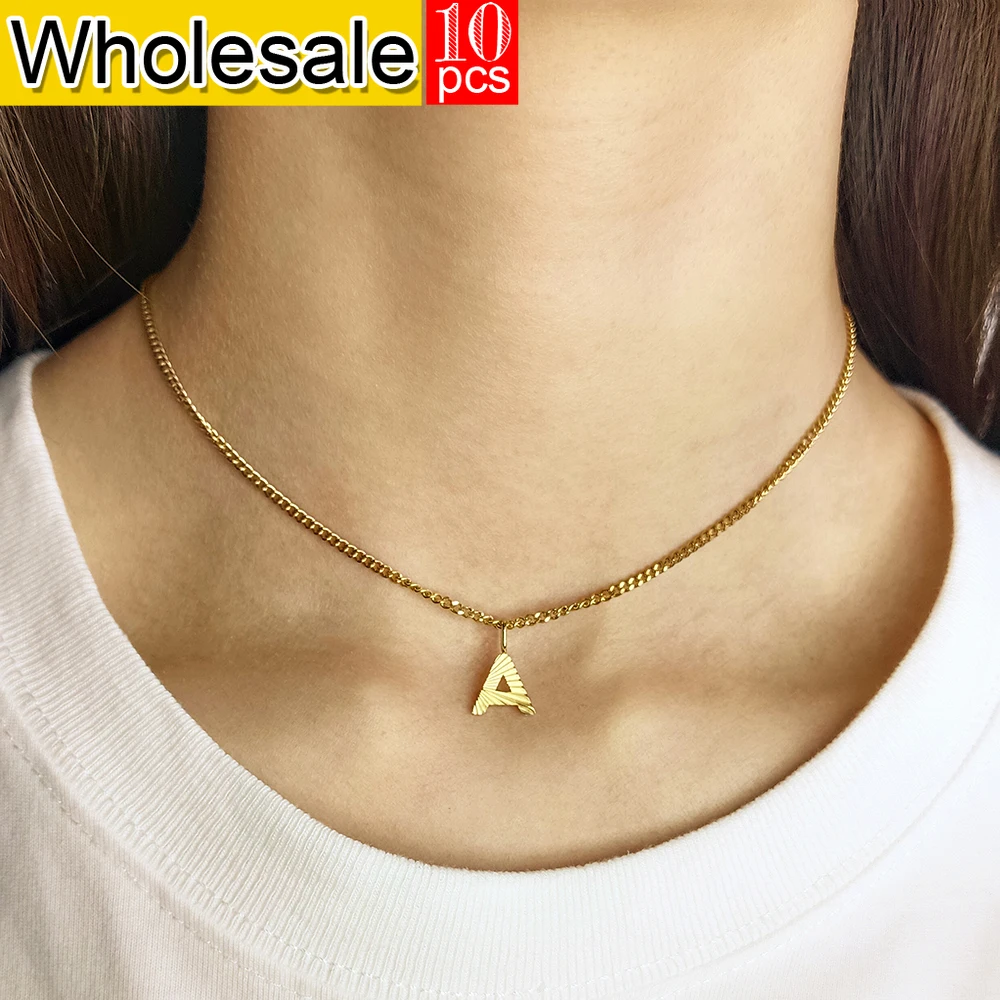 10PCS Stainless Steel Women's Necklace 26 Letter Pendant Golded Cuban Chain Simple and Versatile Gift Jewelry Wholesale