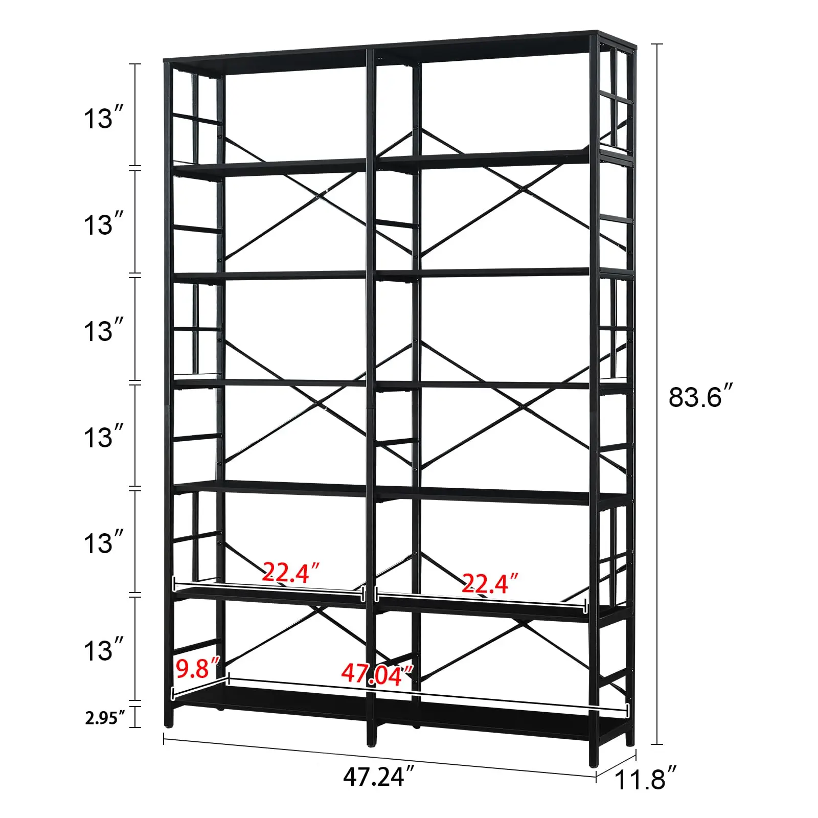 Bookshelf, Industrial Double Wide 7-Tier Bookshelves, 84