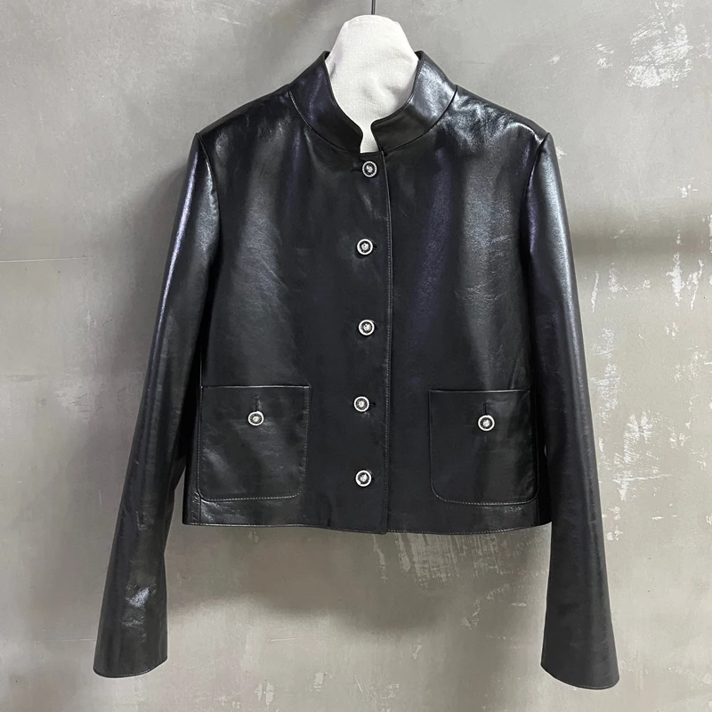輸入シープスキン女性の本革ジャケット 2026 新しいダブルポケットスタンドカラー女性本革ショートジャケットコート