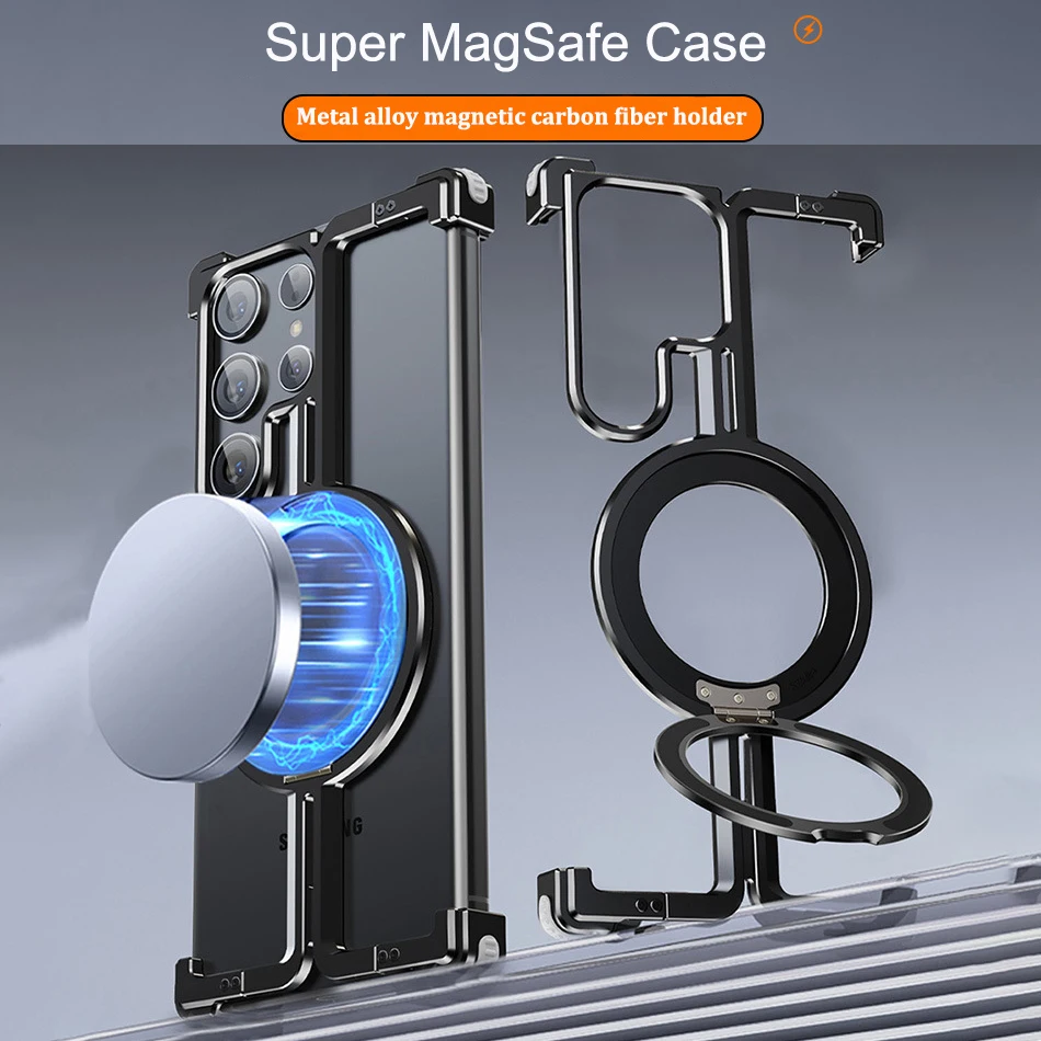 Metal titanium aluminum alloy Magnetic MagSafe Case For Samsung Galaxy S24 S23 Ultra S24 Phone Bumper rotate Ring Holder cover