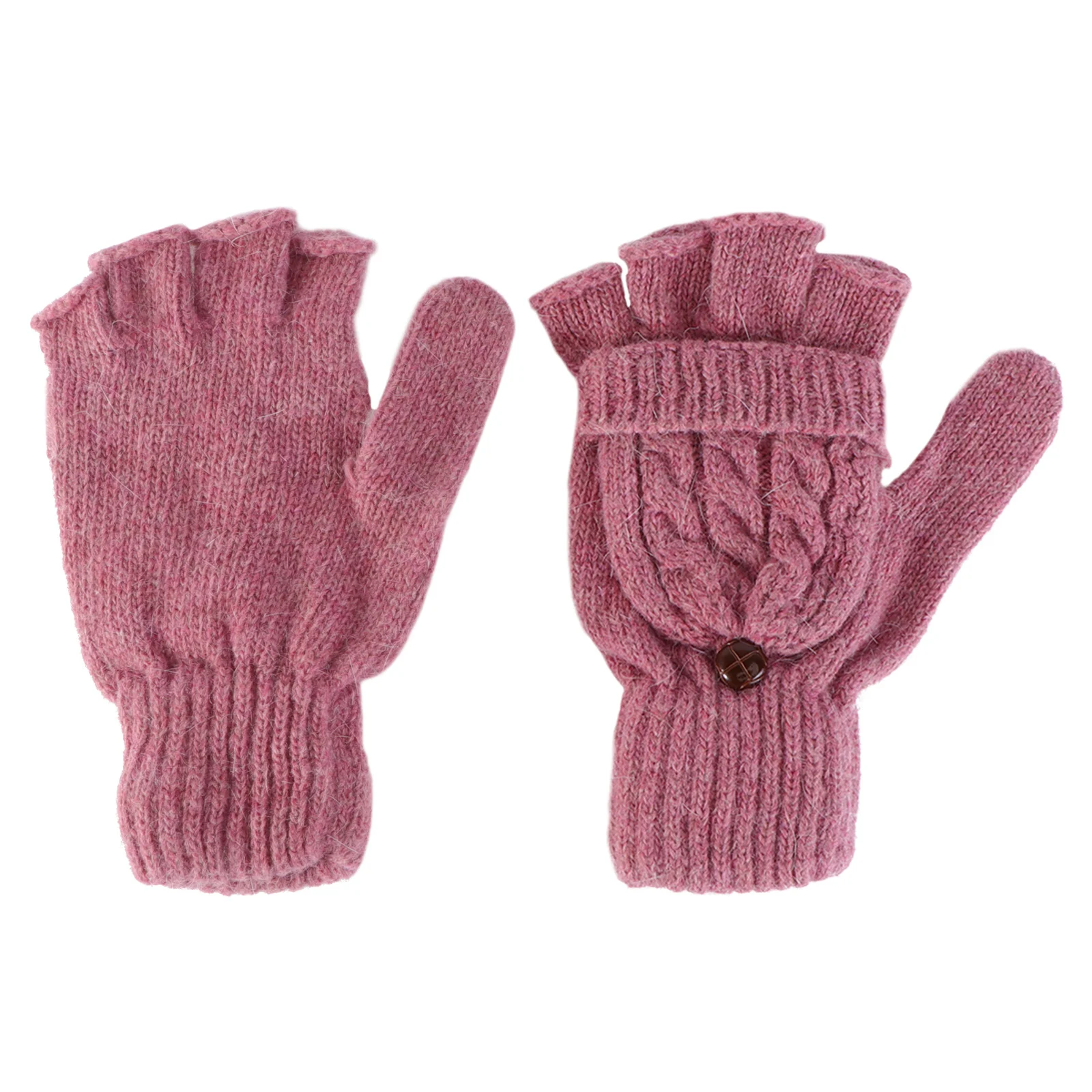 

Women Winter Wool Knitted Fingerless Semi Finger Gloves Pink Mitten Cover Convertible Warm Soft Comfortable Cold Weather