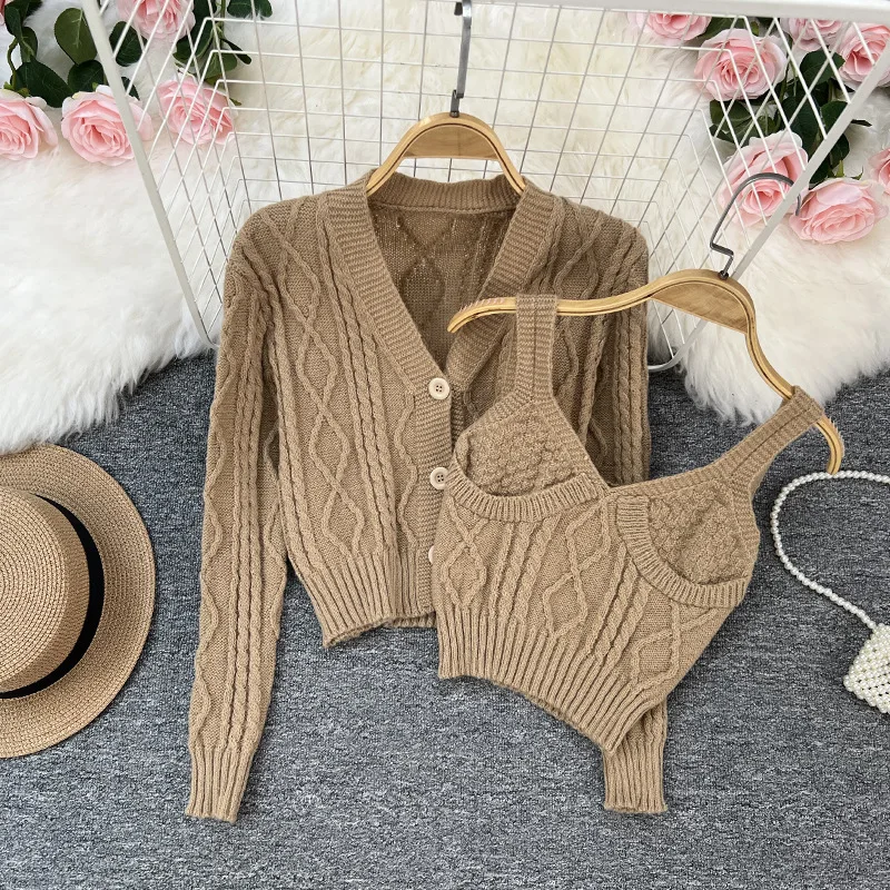 Knitted Cardigan Suit 2023 Autumn/Winter Women's V-neck Pleated Single Breasted Sweater+ Stripe Suspenders 2ps Set Casual Top