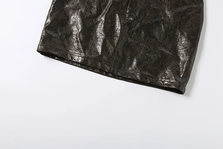 Weird Push Hottie Leder 2-teiliges Set Damenmode Einreihige Jacke mit tiefem Ausschnitt und langen Ärmeln + Mini-Pfirsich-Hüftrock Streetwear – Detail 13