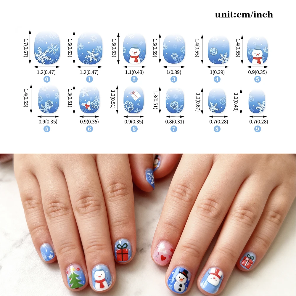 24 pezzi ragazza carina Natale bambini unghie finte 6-14 anni bambini indossabili unghie punte pupazzo di neve Babbo Natale fiocco di neve Natale stampa OnNail