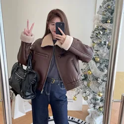 Vintage Fur One Leather Jacket Women Short Warm Parker Coat 2023 New Winter Korean Loose Imitation Lamb Wool Locomotive Clothing