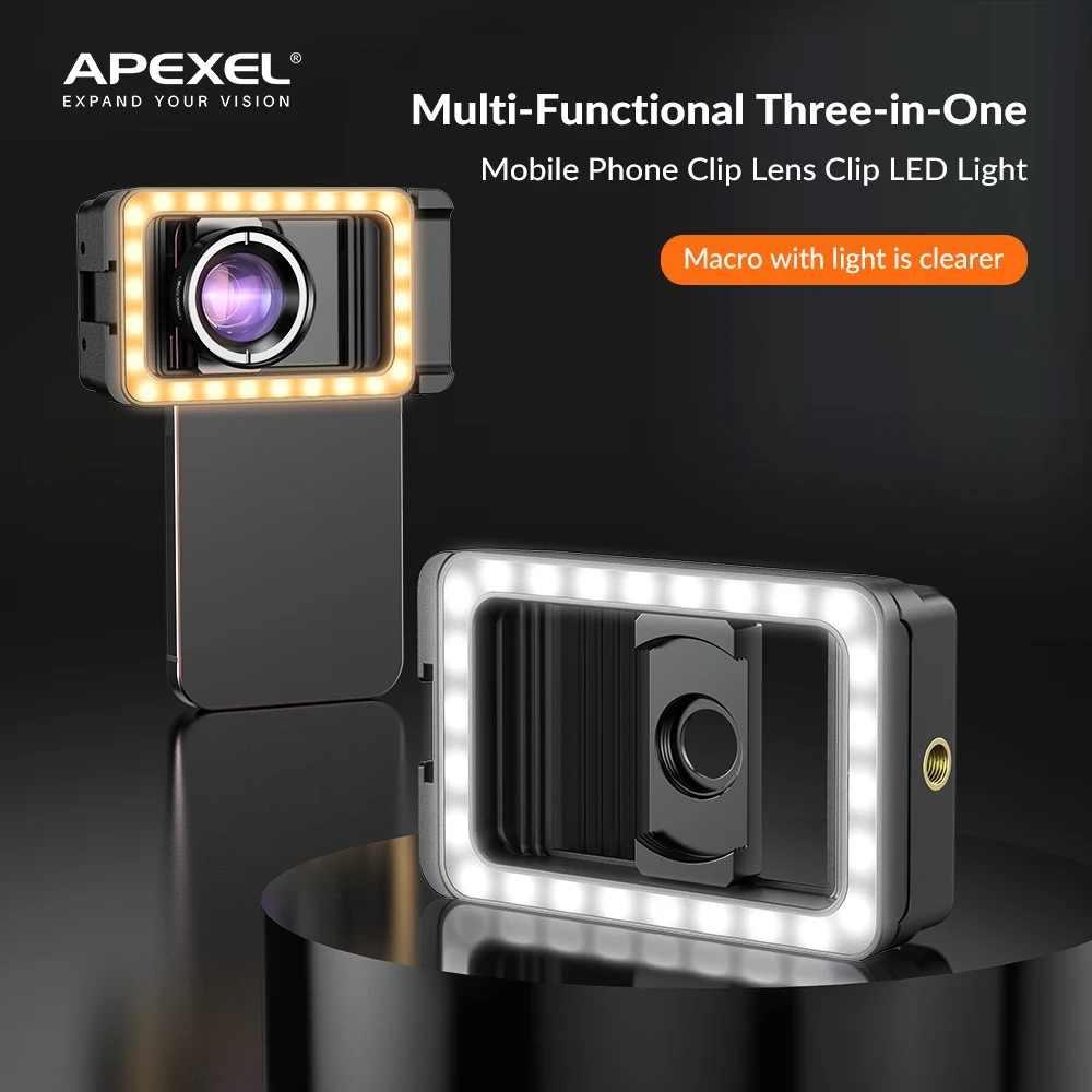 APEXEL Macro LED Fill Light for Mobile Phone Lens Photography Lighting for Vlog Record Video Selfie Clip on Phone LED Light Lamp