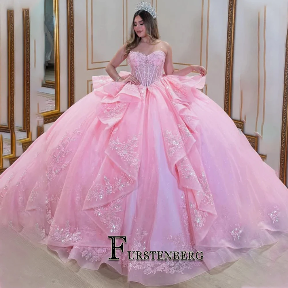 فساتين FURSTENBERG Quinceeneara للأطفال باللون الوردي والكشكشة مع فيونكة ترتر بدون حمالات واتو فستان الحفلات 15 Anos Vestido مخصص #1