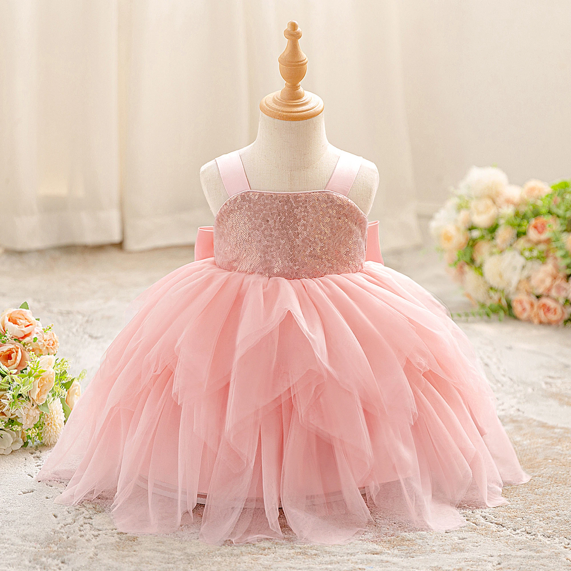 

Elegant Sequin Tulle Party Baby Girl Dress Toddler Big Bow 1st Birthday Princess Prom Gown Wedding Bridesmaid Kids Dress Evening