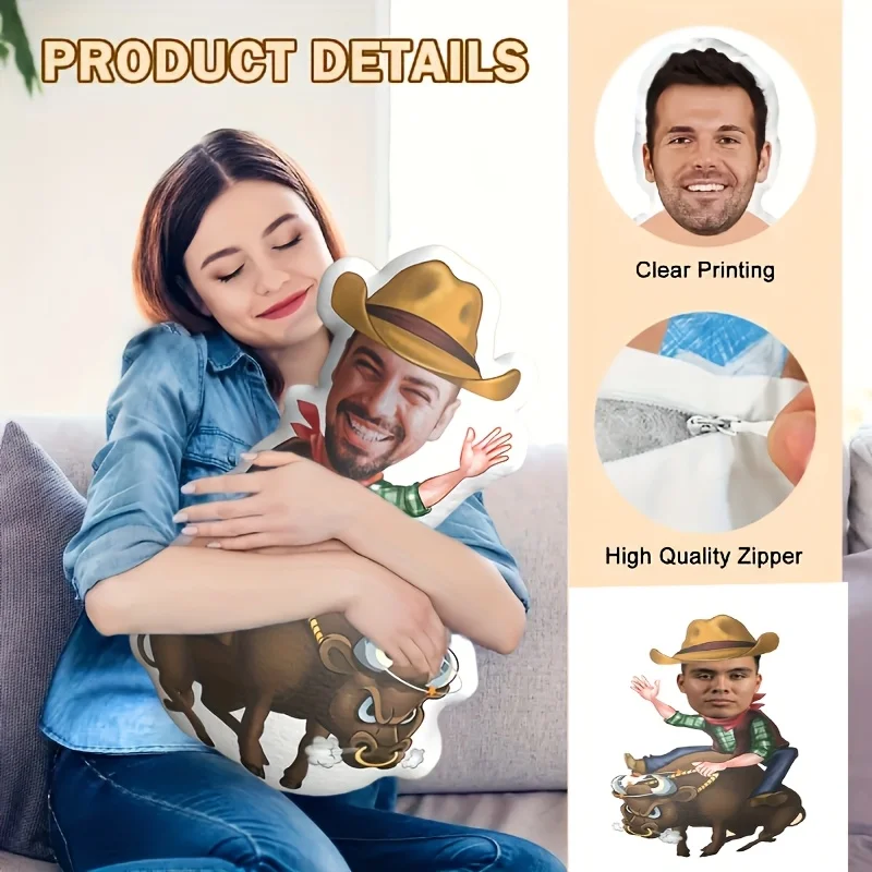 1 Custom Face Pillow, Personalized Photo Custom Pillow - Cowboy Riding Bull Design, Personalized Mini Cushion, a Unique Gift for