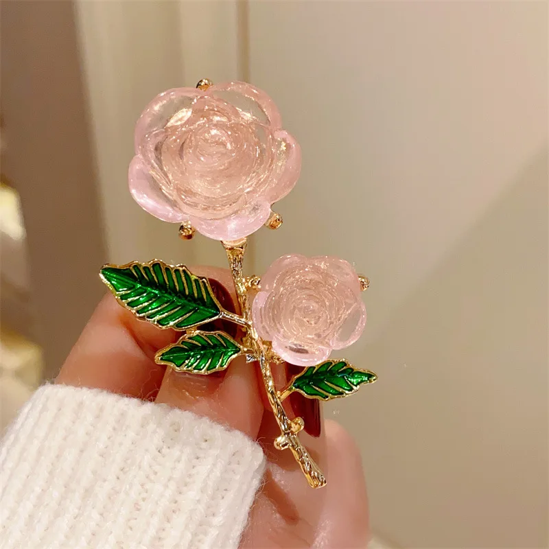 Sweet Pink Translucent Rose Brooches for Women Creative Flower Pins Fresh Plant Coat Suit Jewelry Accessories Gifts