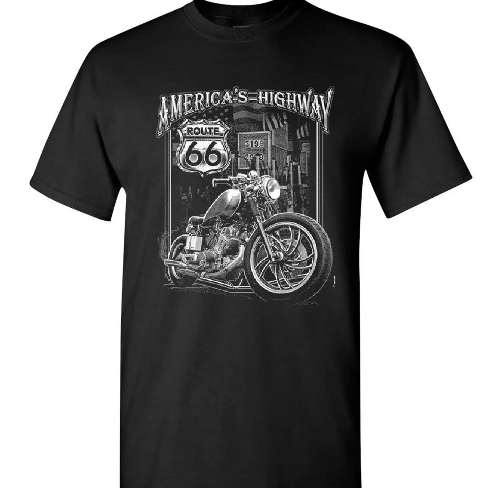 America's Highway T Shirt Route 66 MC Motorcycle Chopper Bobber Mens vintage Washed Soft Versatile fashion homme Casual