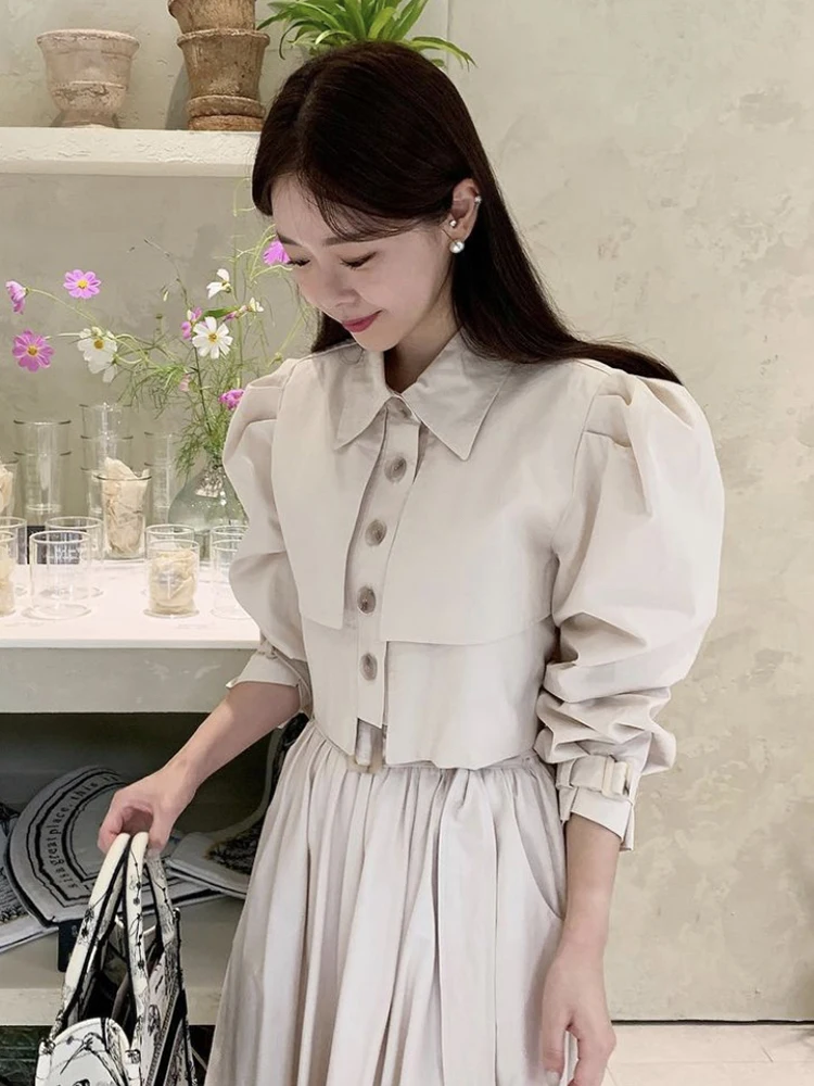 GALCAUR Solid Fashion Shirts For Women Lapel Long Sleeve Single Breasted Folds Patchwork Korean Short Blouse Female Spring New