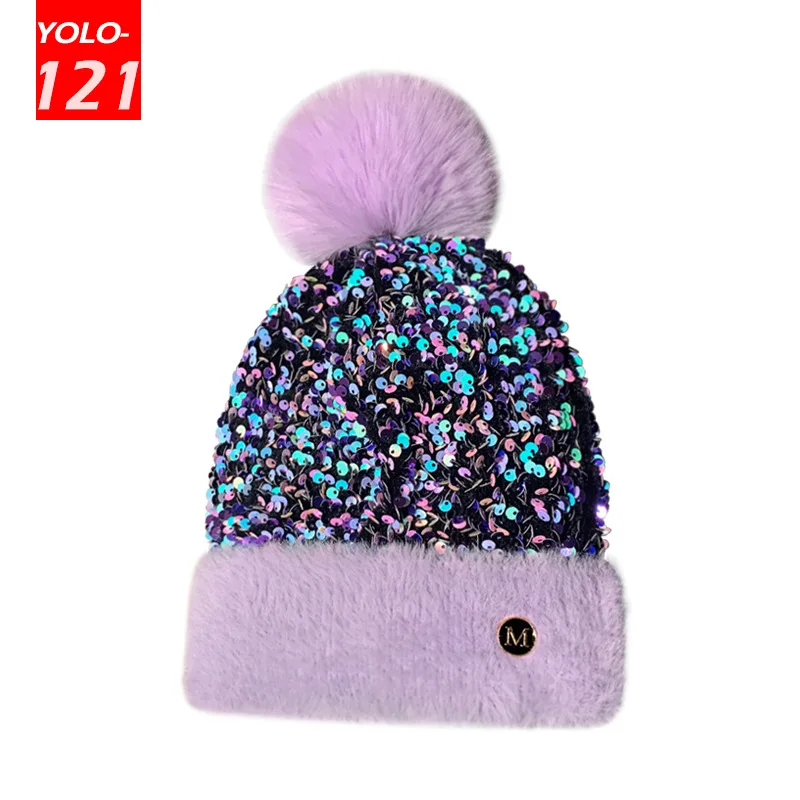 Shine Hats Women Winter Warm Knitted Hats Sequins Cute Dome Bonnet Warm Fashion Woolen Hats Casual Solid Beanies for Women