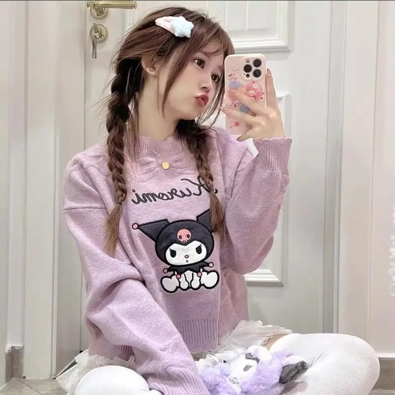Милый женский свитер в стиле аниме Cinnamoroll с героями мультфильмов Kuromi Y2K, свободные теплые топы Kawaii для девочек, весенне-осенняя модная милая женская одежда