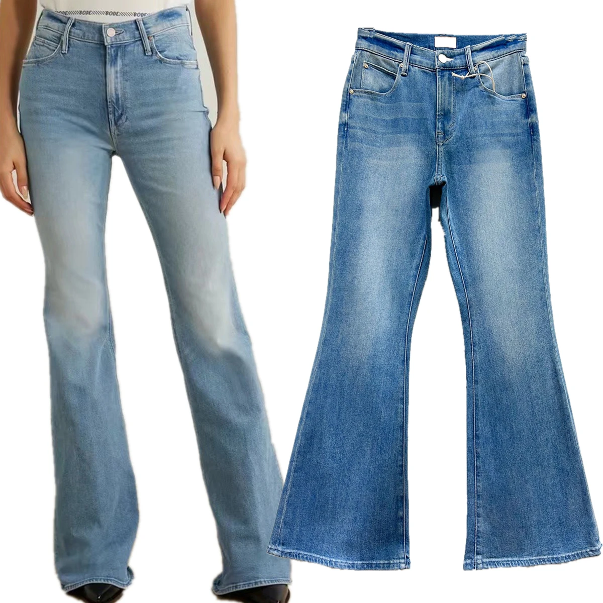 

Dave&Di 2025 SS Minimalist Women's Clothing Jeans Fashion Ladies Vintage High Waisted Elastic Light Blue Flared Denim Pants Wome