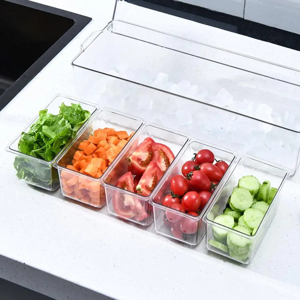 

Removable Divider Ice Box Transparent Detachable Fridge Ice Box with Lid 5 Compartment Salad Fruit Vegetable Storage for Ice