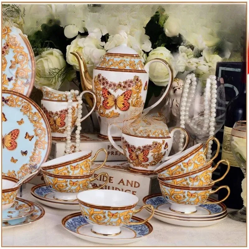 

New design butterfly pattern tea cup and saucer set/yellow bone Chinese 15-piece ceramic tea set