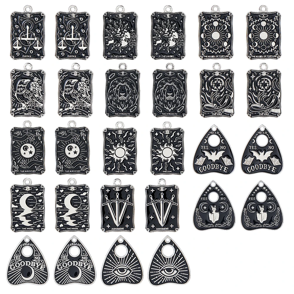 28Pcs Enamel Tarot Charms 14 Styles Planchette and Tarot Card Charms Gothic Sun Star Moon Cat Animal Alloy Charm for Jewelry