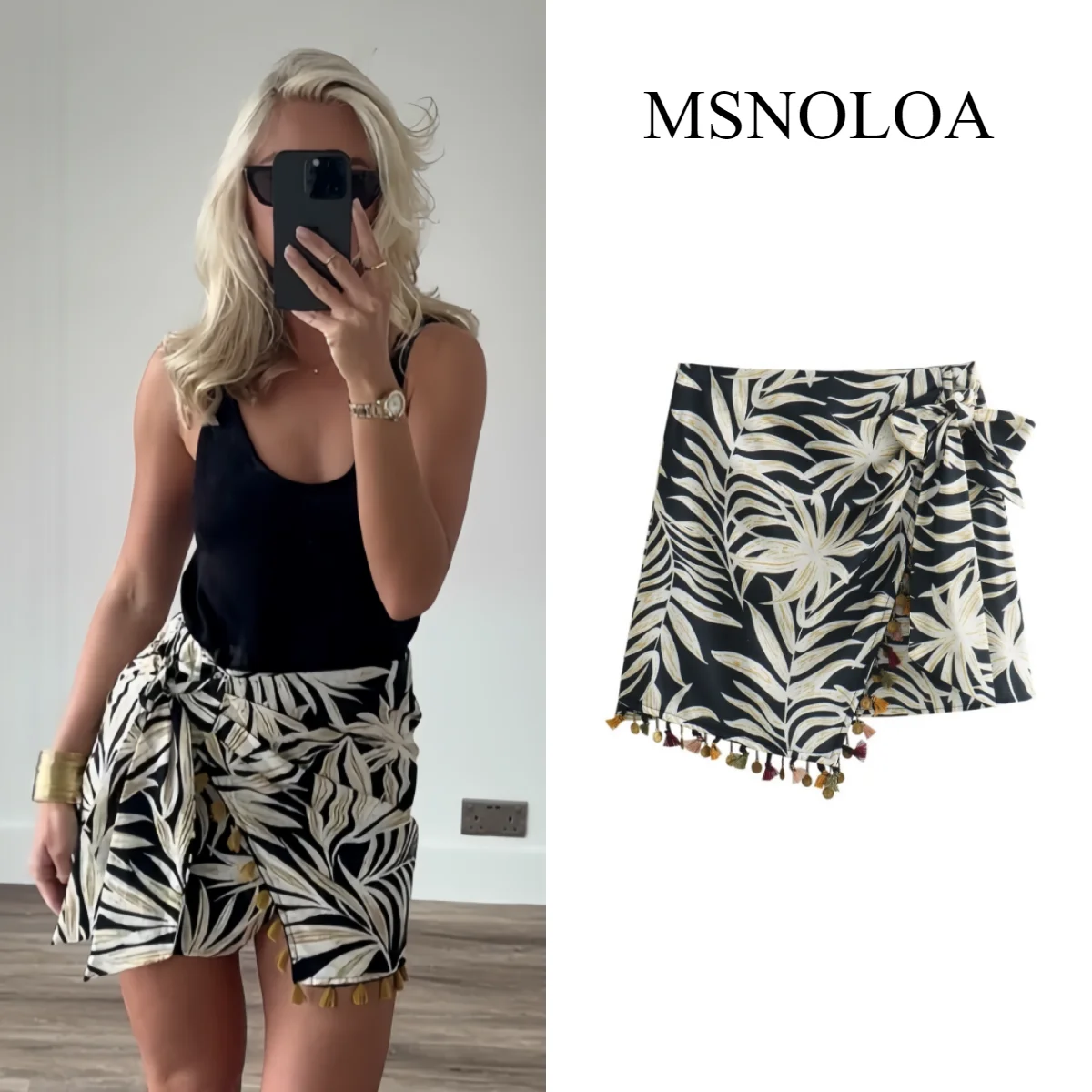 MSNOLOA Vintage Women Leaves Print Tassel Mini Skirts 2024 Fashion Ladies Sweet Bow Skirt for Female Chic Bottoms Clothes