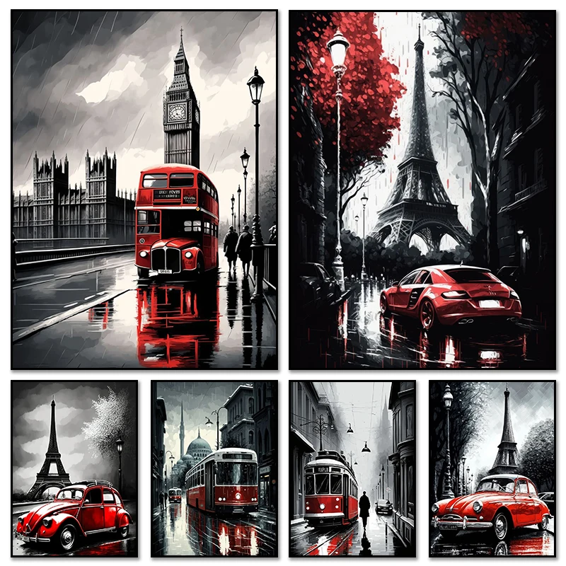 خمر سيارة حمراء أبيض وأسود باريس لندن المشهد اللوحة الرسم على لوحات القماش الجدارية المشارك لغرفة المعيشة ديكور المنزل الهدايا #1