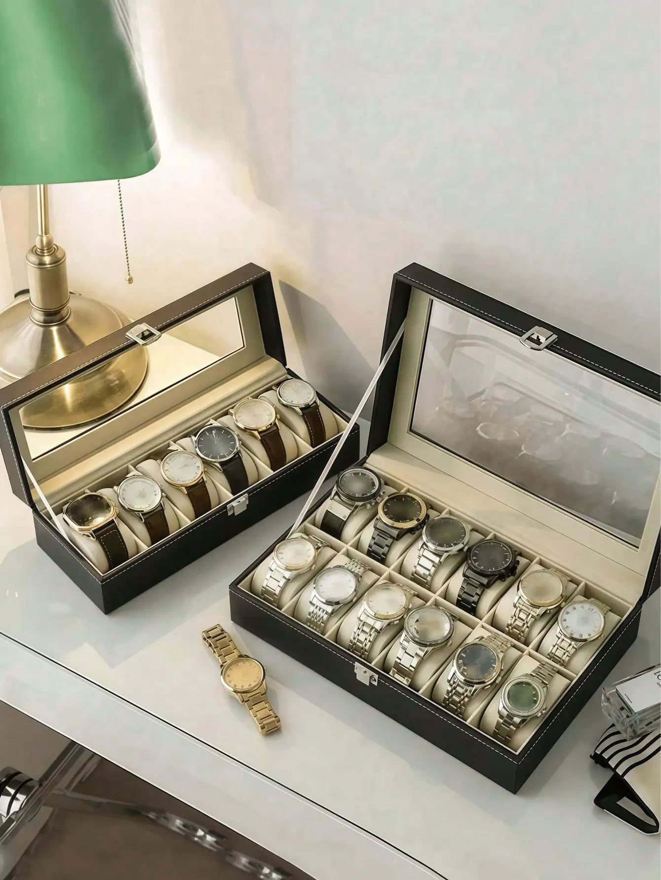 Leather Watch Box with Lock, Large Capacity Watch Display Case, High-End Jewelry Storage Organizer for Men Women, Home Vanity Dresser view 3