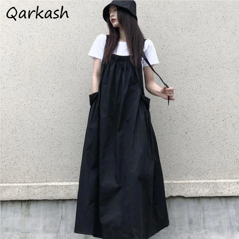 Sukienki midi damskie solidne Cargo bez rękawów styl japoński prostota na co dzień luźna odzież uliczna kieszeń zmniejszające wiek letnie Vestidos