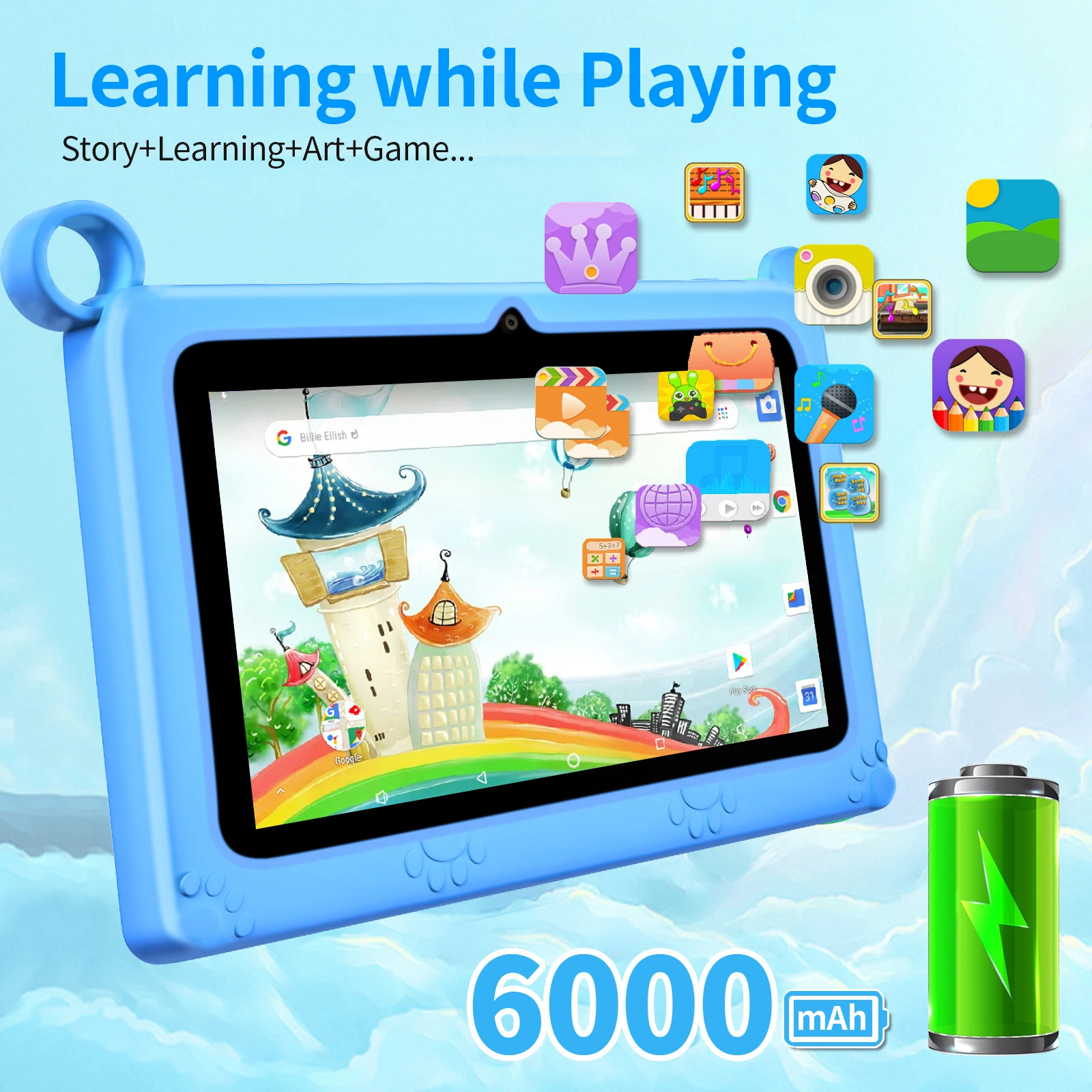 Learning Kids Tablets Android, 7 ", Quad-Core, 2GB + 32GB, WiFi, Bluetooth 4.2, Software Educacional Instalado com Case Kids-Proof