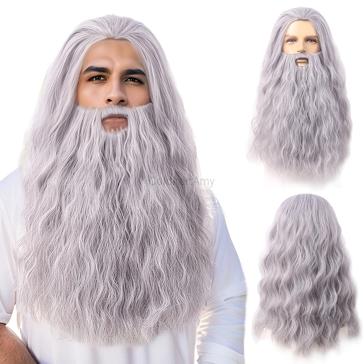 Peruca e barba de feiticeiro cinza para homens, fantasia de halloween, cosplay, festa, pai engraçado, acessório de fantasia para adultos, peruca de avó