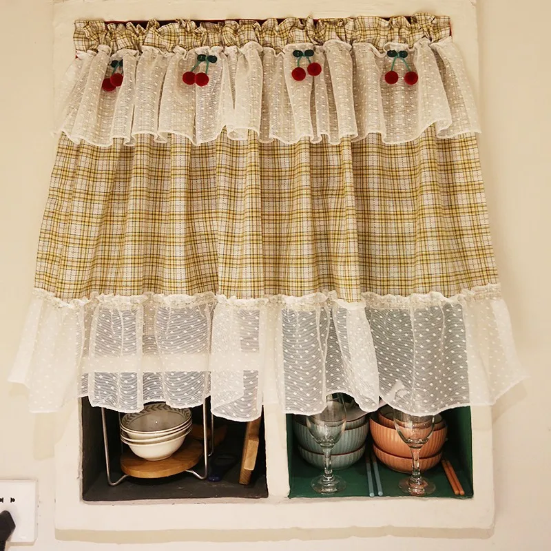 Yellow Checkered Half Curtain with Cherry Lace Decoration No Punching Blackout Bay Window Decor Door Kitchen Partition