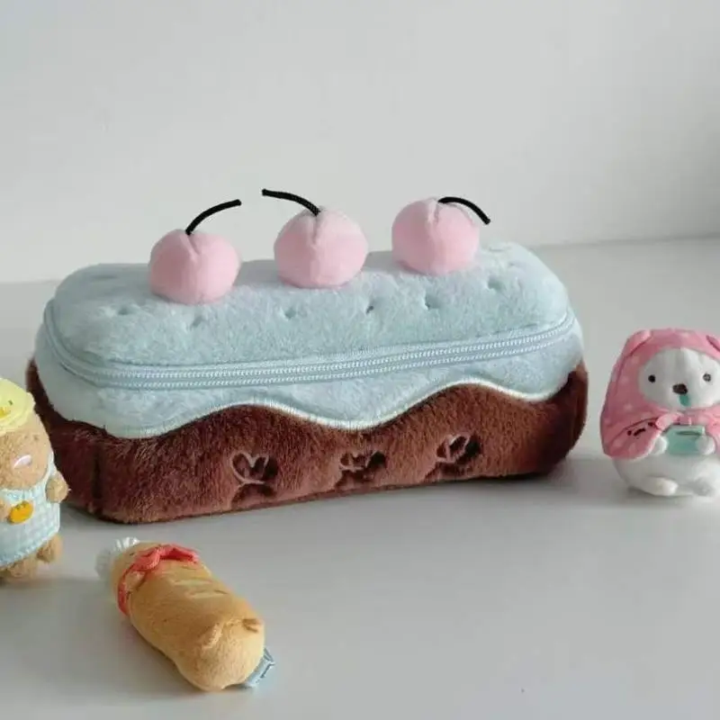 Kawaii Cherry Cake Fuzzy Plush Pencil Case Large Capacity Cute School Supplies Stationery Organizer Pouch Holder Student Gift view 6