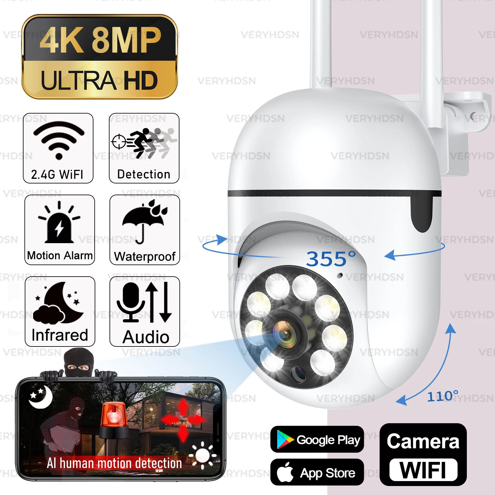 

8MP Wireless Security Surveillance PTZ Camera Wifi IP Outdoor 5X Zoom Cameras AI Human Tracking Two-way Audio HD Night Color Cam