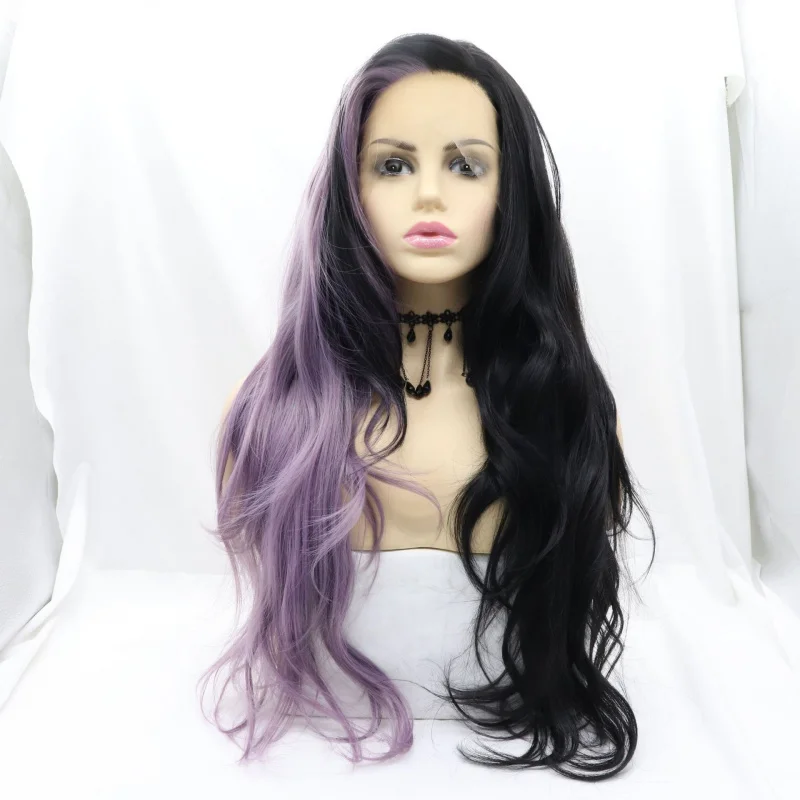 

1b black and purple two-tone cosplay style front lace synthetic , free-parting high-temperature silk long curly hair wig