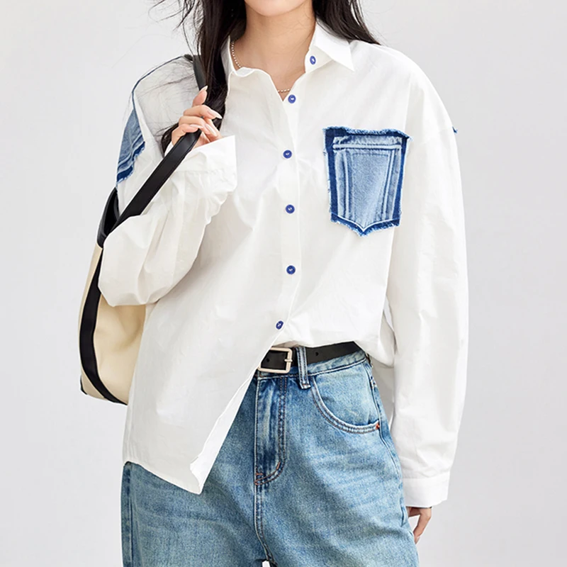 QOERLIN Women Denim Pathwork White Shirts Loose Casual Turn Down Collar Long Sleeve Buttons Pocket Blouse Elegant Casual Tops