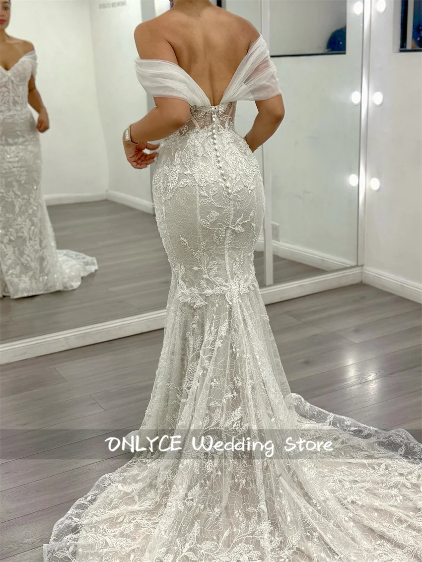 Elegant Off Shoulder Wedding Dress Sweetheart Mermaid Tulle Lace Appliques Sweep Train Vestidos De Novia Customised