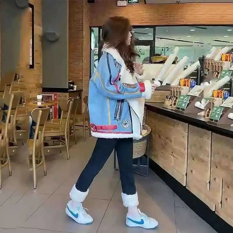 Veste de motard en Faux peau de mouton pour femme, manteau d'hiver en Patchwork épais doublé de polaire, Style hongkongais rétro, nouvelle collection 2025